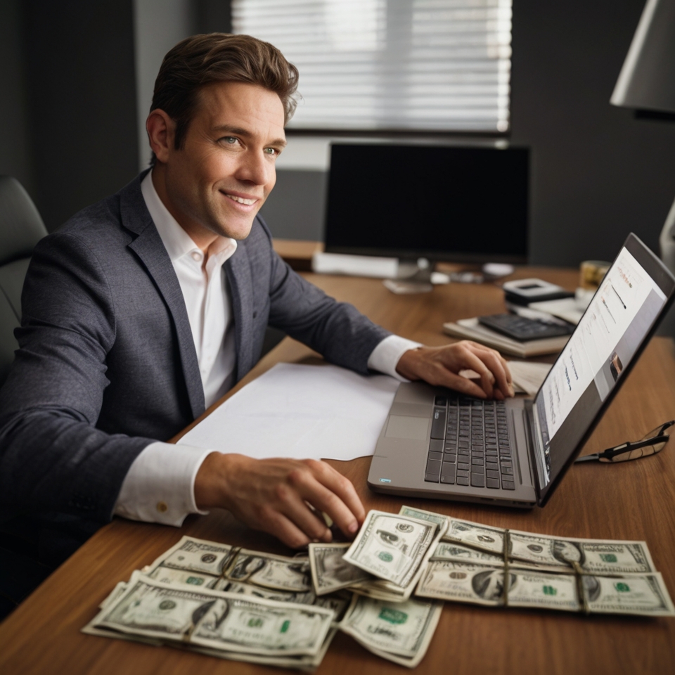 Make Money Online man on laptop with money
