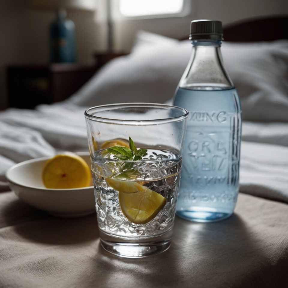 bottle of water glass of water with lamon