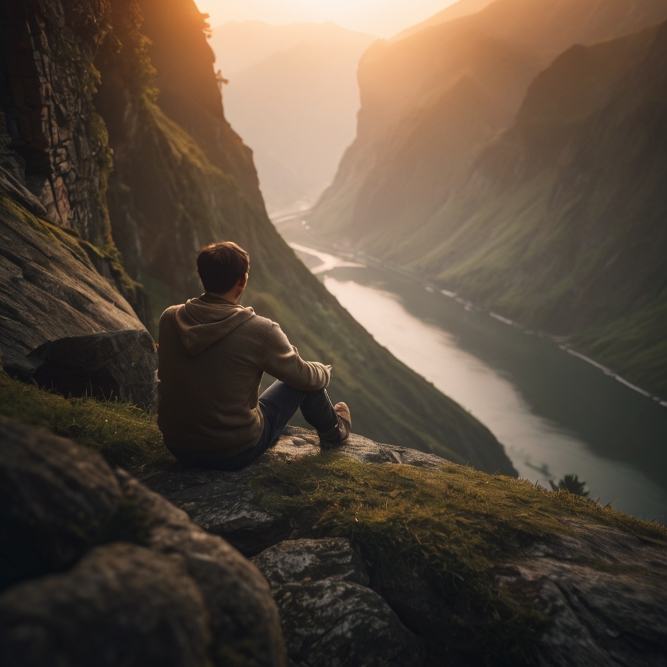 man sitting on the mountain
