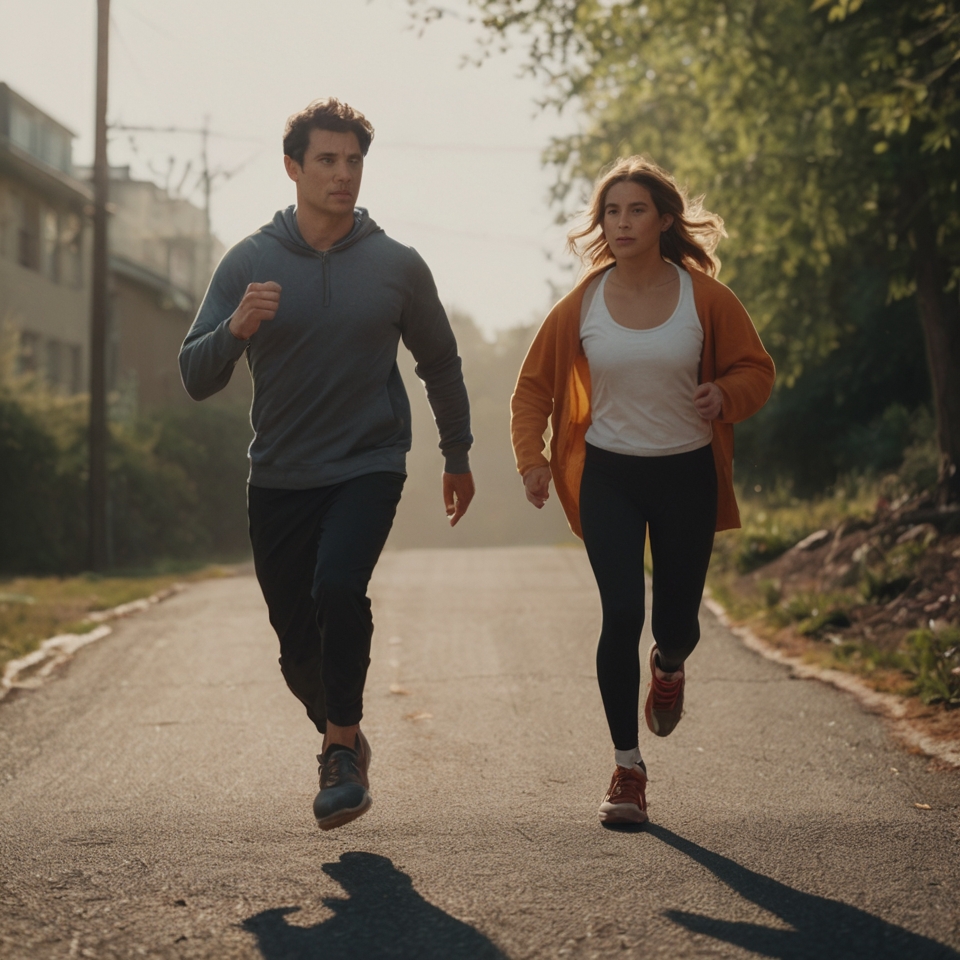 man and women running